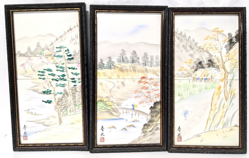 3 Vintage Framed Signed Royal Sealy Japan Handpainted Japanese Landscapes on Tiles | 6.8" x 13"