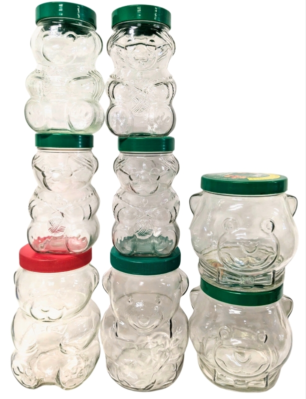 8 Vintage Kraft Glass Teddy Bear Peanut Butter Jars / Piggy Banks | 5.6" - 7.25" Tall