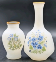 2 Small Beautiful Satin Glass Bud Vases w Flowers Embossed #4 & #12 on Bottoms | 3" - 4.75" Tall