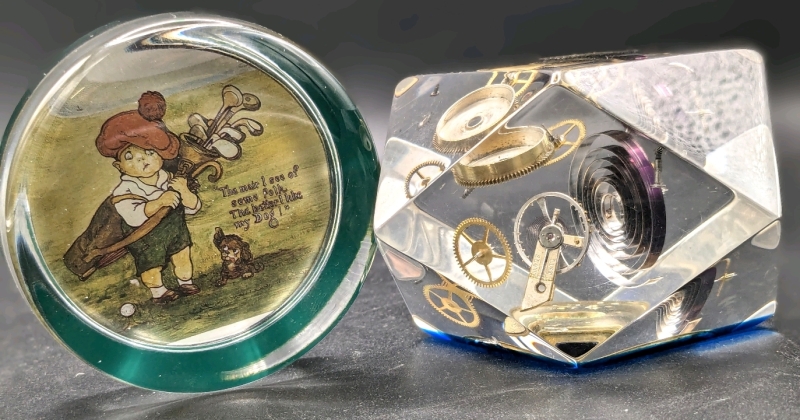 2 Vintage Paperweights | "Exploded" Watch Encased in Acrylic (2.25" Tall) & Glass with Child Golfer Cartoon "The mair I see of some folk, the better I like my Dog!" (2.75" D x 0.75" Tall)