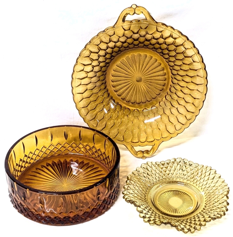 3 Vintage Pieces of Amber Glass | Small Plate, Honeycomb Pattern Plate w Handles & Deep Glass Dish | Largest 7.5" Diameter