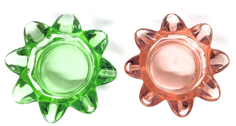 2 Vintage Unsigned SKLO Union Czech Art Glass Vibrant Green & Pink Glass Flower Star Ashtrays / Bowls | 5" x 5" x 2" Tall ea