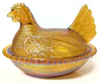 Spectacular Vintage Carnival Unsigned Indiana Glass Iridescent Amberina Gold Hen On Nest Dish | 7" x 5.5" x 5.5" Tall