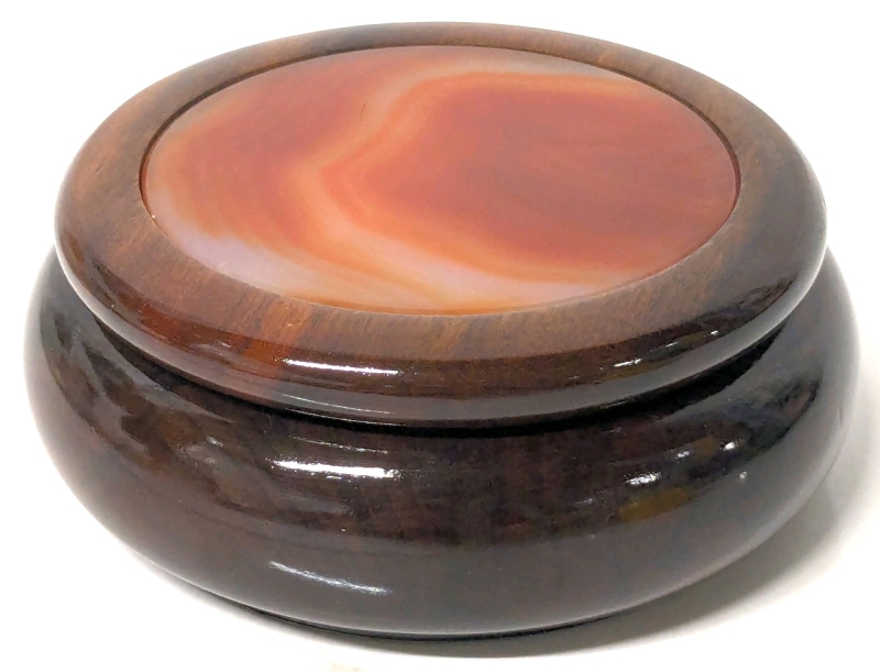 Gorgeous Vintage Woodstones Wooden Keepsake Box with Substantial 3" Diameter Inlaid Polished Agate in Lid | 4" Across x 1.75" Tall