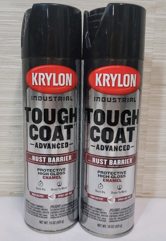 New - Krylon Tough Coat Rust Baaier High Gloss Enamel Black Spray Paint . Two (2) 425g Cans