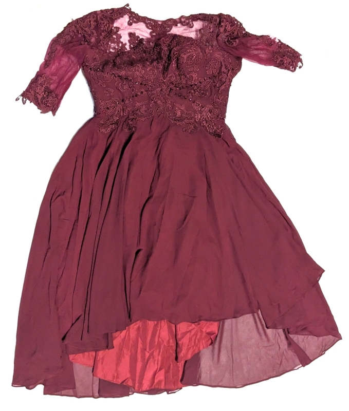 Gorgeous Ladies Size 8 | Wine Coloured Lace-Up Dress with Embroidery & Sequins & Corset-Like Boning in Top