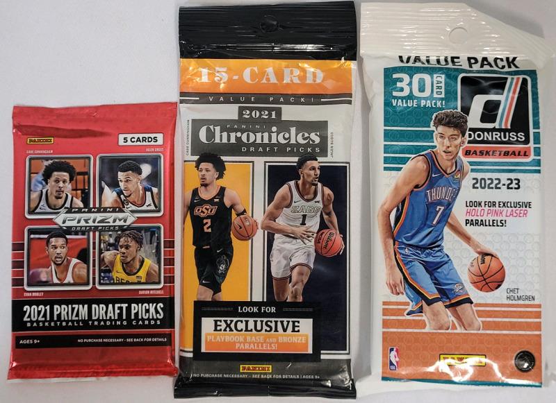 2021 - 22 Panini NBA Basketball Trading Card Sealed Wax Packs & 2022 - 23 Panini Donruss NBA Basketball Trading Card Wax Pack . Three (3) Packs Total