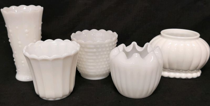 5 Vintage Milk Glass Vases - 1x Fire King