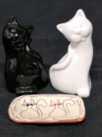 Cat Salt & Pepper Shakers 4.5" + Small Pottery Plate England 3.5" Long