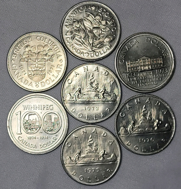 1970 - 1976 Canadian One Dollar Coins . Seven (7) Coins , Consecutive Years . 1970 , 1971 , 1972 , 1973 , 1974 , 1975 & 1976