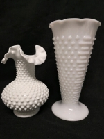 2 Vintage Hobnail Milk Glass Vases