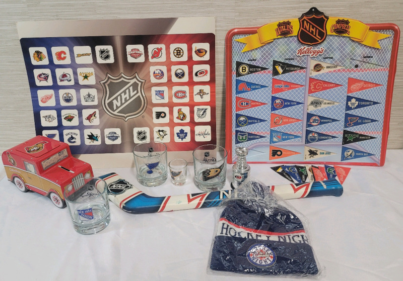 NHL Hockey Fan Lot & 1992 Kelloggs Wales / Campbell Mini Pennants Display w/22 of 24 Pennants (missing Ottawa & Chicago)