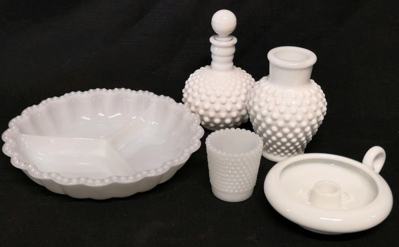 5 Vintage Milk Hobnail Glass Dishes Vase, Candle Holder, Serving Dish +