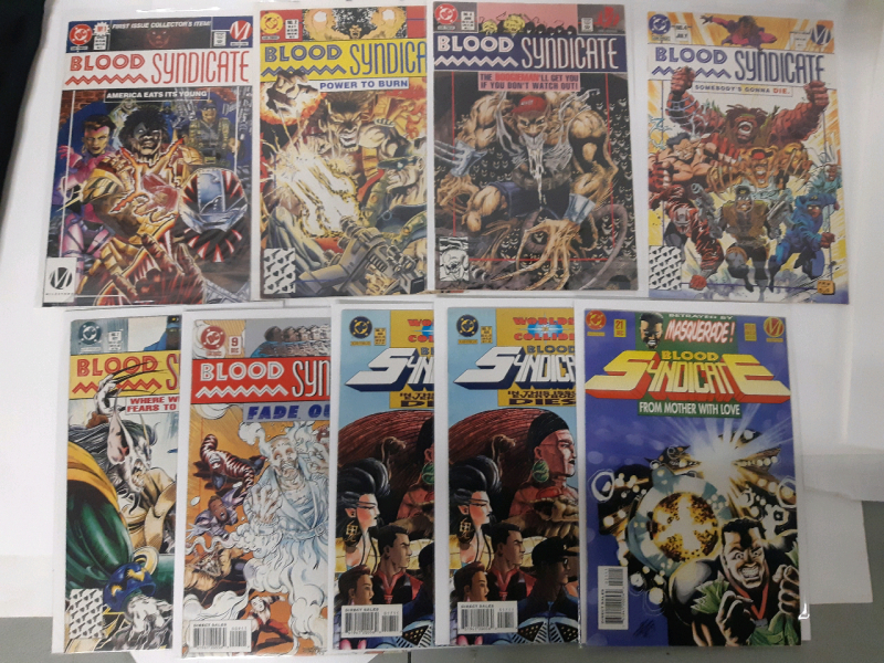 9 Excellent Condition DC Blood Syndicate Paperback comics Includes; America Eats It Young, Powrer To Burn, The Boogieman'll Get you, Somebodys Gonna Die, Where Wise Son Fears To Tread, Fade Out, In This Issue Everybody Dies, From Mother With Love