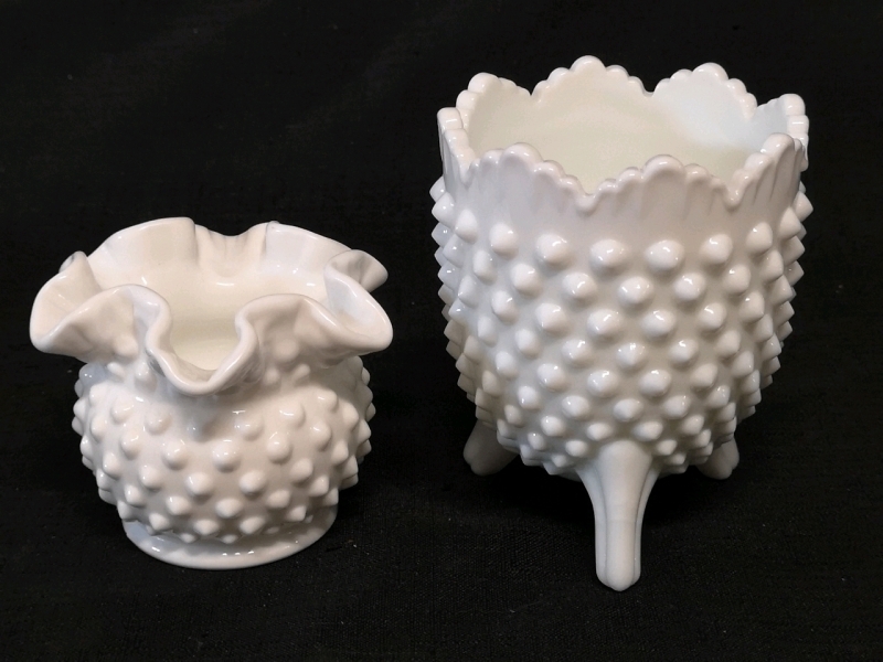 2 Vintage Fenton Hobnail Milk Glass Vases Tallest 4.5"