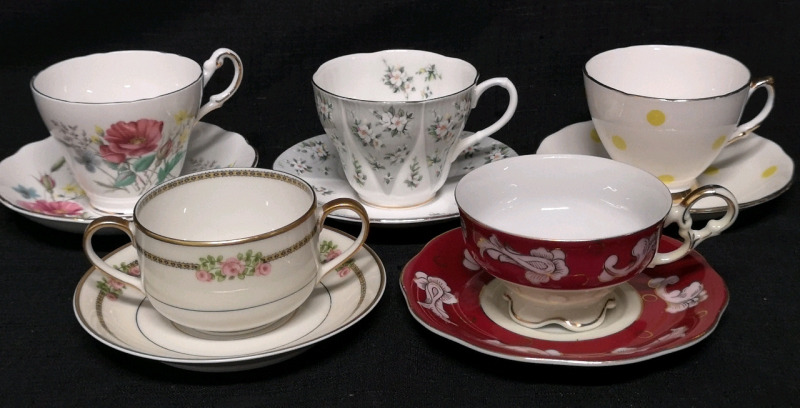 5 Vintage Cups & Saucers - Royal Albert, Limoges, Queen Vale, Japan & Regency