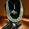 Statement Faux Pearl 3 Strand Rhinestone Necklace CZ Trinity Beautiful Brooch + CZ Ring