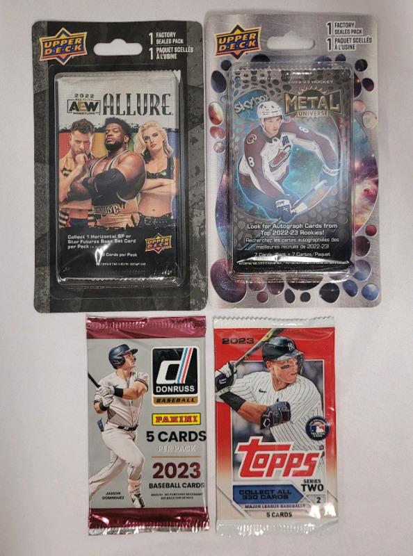 Multi-Sport Trading Card Sealed Wax Packs . UD Wrestling , 2022 UD Hockey , 2023 Panini Donruss Baseball & 2023 Topps Ser. 2 Baseball . Four (4) Packs Total .