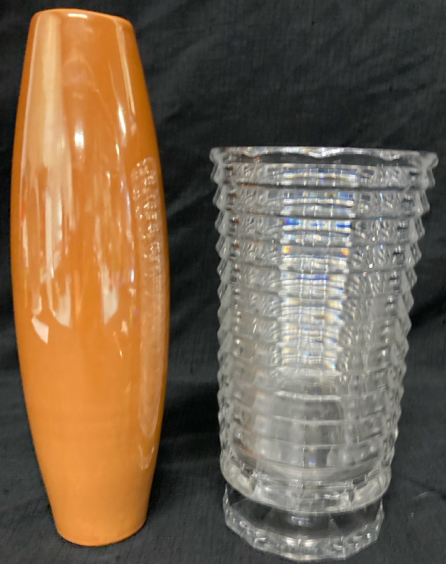 Heavy Glass Vase + Ceramic Pottery Vase. Glass Vase 5” w x 10” Tall