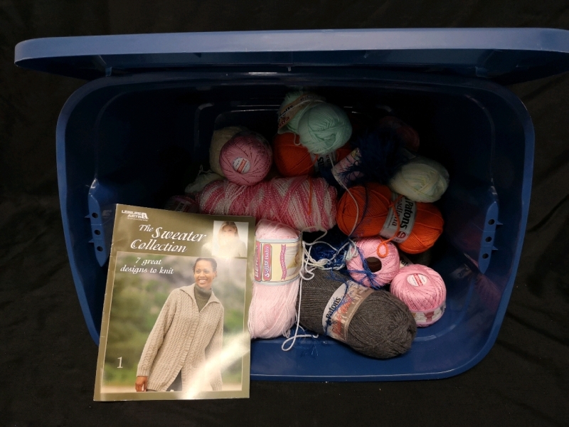 20+ Mostly New Assorted Wool w Sweater Collection Patterns + 1 crotchet Hook + Storage Tote 24x18x15"