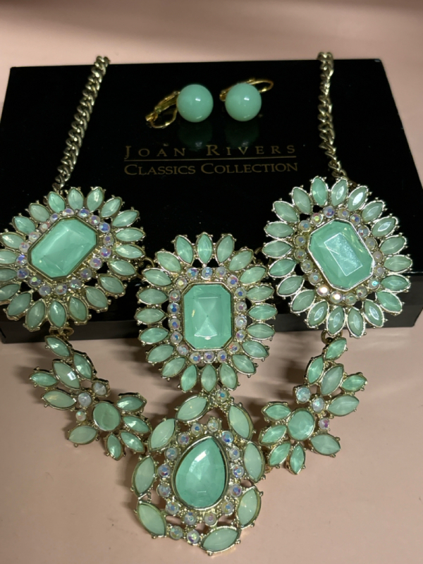 Princess Turquoise Green Opera Chandelier Rhinestone VINTAGE<br/>Necklace Joan Rivers Earrings Joan Rivers Box