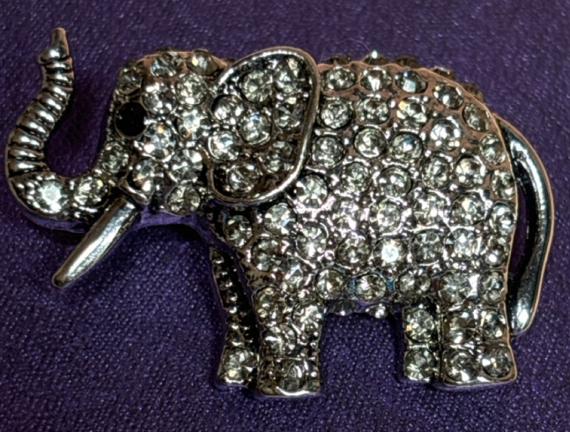 Vintage Pave Rhinestone Elephant Brooch Black Rhinestone Eye Trunk Up