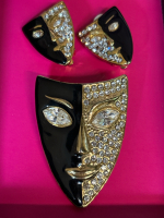 Vintage Theatrical Mask Brooch Black Enamel Paved Clear Rhinestone Earrings Set