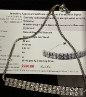 Double Row Diamond Bolo Bracelet 925 Sterling Silver with Appraisal Certificate