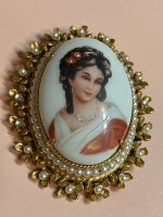 Florenza Vintage Limognes France Porcelain Lady In Red Cameo Brooch