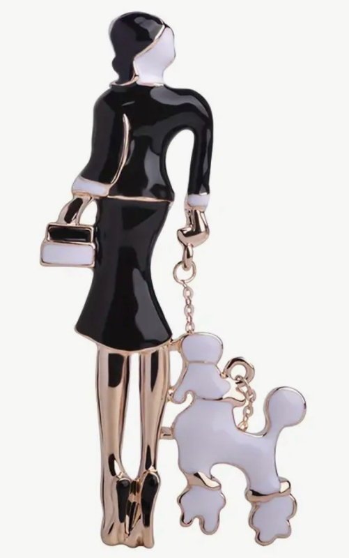 Elegant Classic Lady & Dog with Leash Enamel Brooch