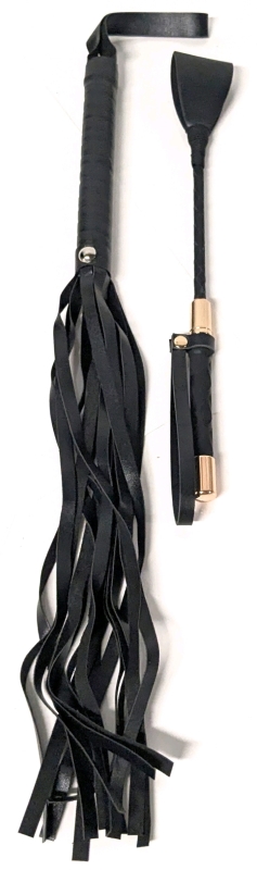 [Adults Only] New Faux Leather Flogger & Riding Crip with Muted Gold Tone Hardware | Flogger Handle 6.5", Total Length 19" | Crop 12" Long