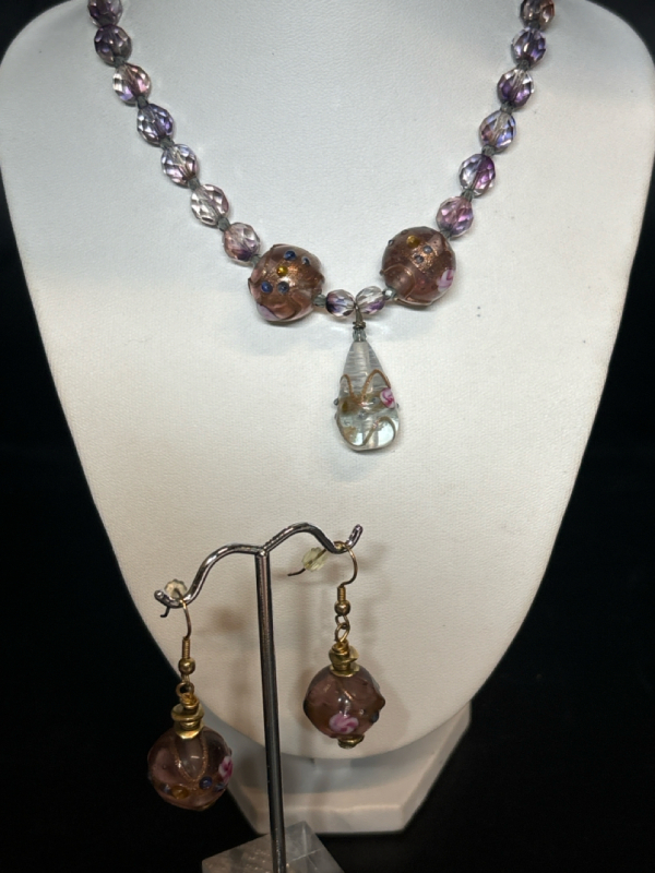 Lampwork Murano Style Vintage Necklace Earrings Set Soft Ash Lilac