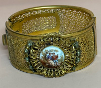 Vintage Filigree Wide Cuff Bracelet Limoges Scene