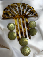 Art Deco Style Rhinestone Hair Comb 6 Vintage Brass Buttons LTD B’Ham