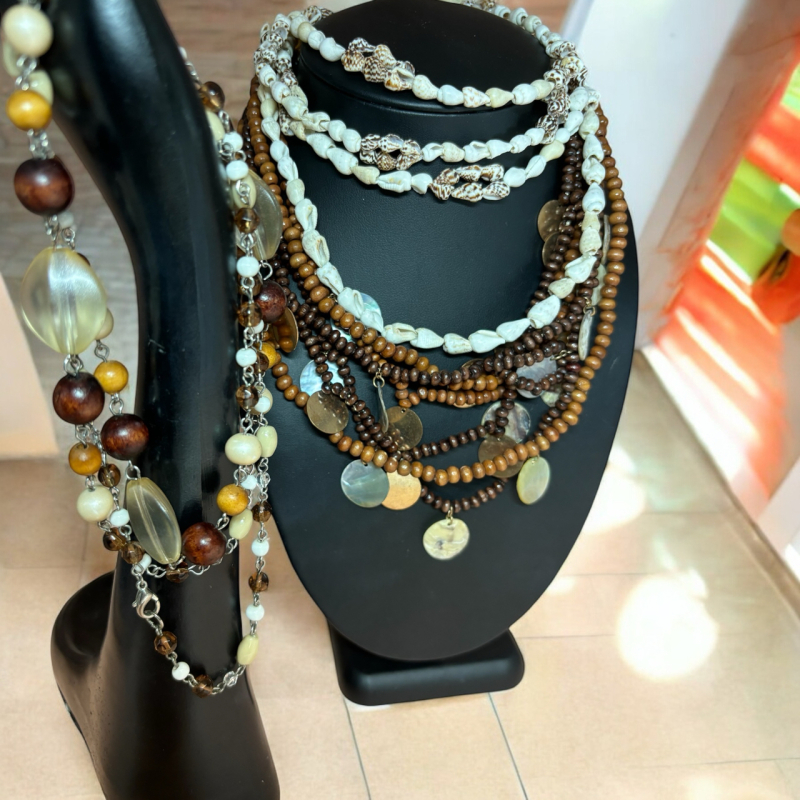 Shell and Wood Statement Necklaces