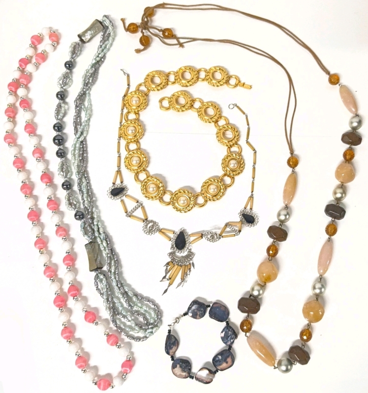 5 Vintage Necklaces incl Freshwater Pearl, Abalone, Possible Porcupine Quill & Shell + Bead Bracelet w 925 Sterling Clasp | From 7" to 36" Long
