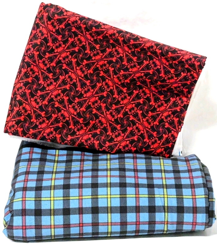 2 New SPOONFLOWER Printed Cotton Fabric Bundles | 60" x 41" Skull Plaid Black + Red (7734811) & 66" x 79" MacCrimmon Tartan 3" Muted (14804285)
