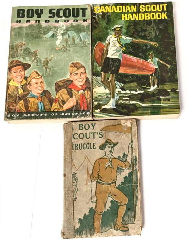 3 Antique to Vintage Boy Scouts Books | A Boy Scout's Struggle (1921 Hardcover), 1965 Boy Scout Handbook (7th Edition), Canadian Scout Handbook (Undated)