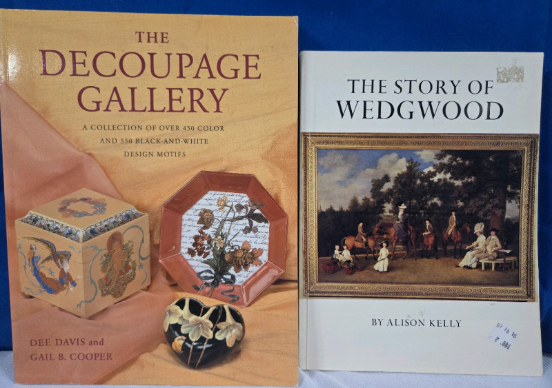 2 Vintage Softcover Books | The Decoupage Gallery: A Collection Of over 450 Colour & 550 Black & White Design Motifs | & The Story Of Wedgewood Written By; Allison Kelly