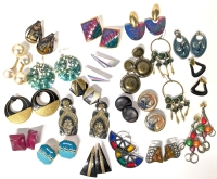 20+ Matched Pairs of Vintage Earrings: Assorted Styles & Materials incl Enamel, Abalone, Wood + | Largest 2" Diameter