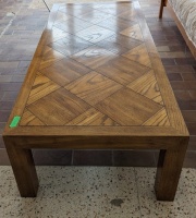 Solid Wood Lane Brand Coffee Table. 56.25" long x 26" wide x 15" tall. Appears to be Oak.