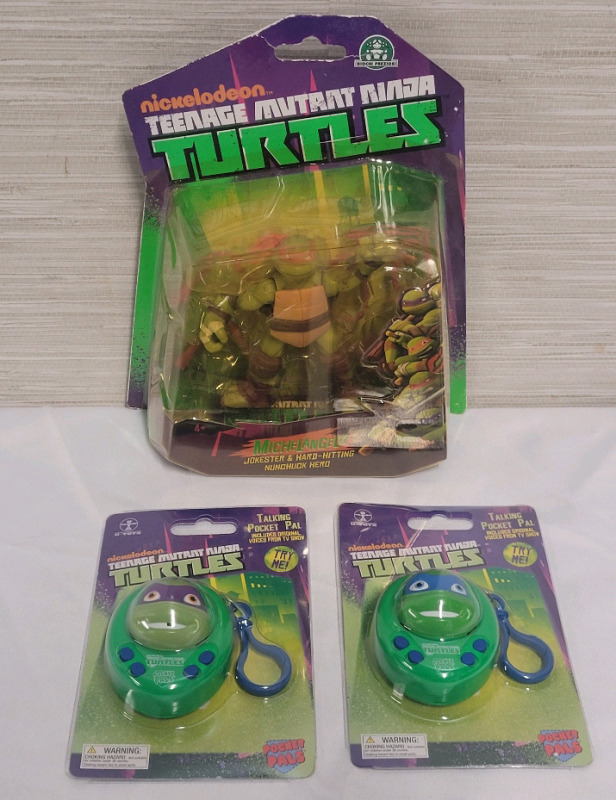 New - Teenage Mutant Ninja Turtles Michelangelo Action Figure & Two (2) TMNT Talking Pocket Pals