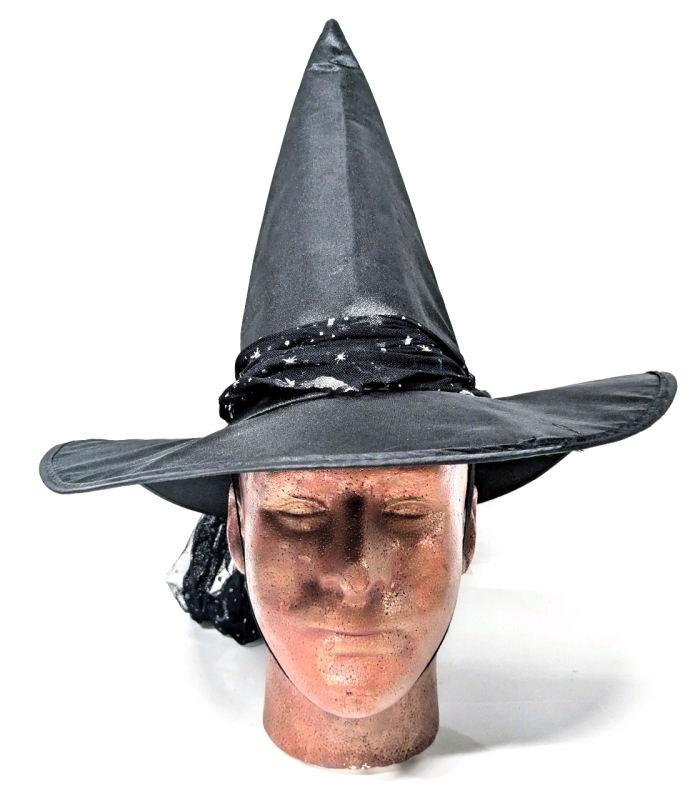 New Claire's Witch's Hat with Moon + Stars Sash, Chin Strap | 15" Diameter Brim, One Size Fits Most