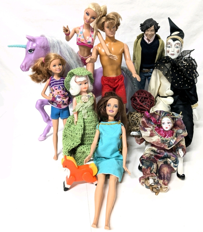 8 Vintage to Modern Barbie Dolls, Fashion Dolls, 2 Pierrot Mimes, One Direction & Unicorn | 2.75" - 12" Tall