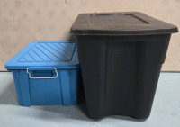 2 Storage Bins | ( 1 ) Rubbermaid Blue Plastic Stacking Storage Container { Measures 15" x 17.5" x 9.5" } | ( 1 ) Contents Black Plastic Stacking Storage Container { Measures 22" x 16" x 17.5" }