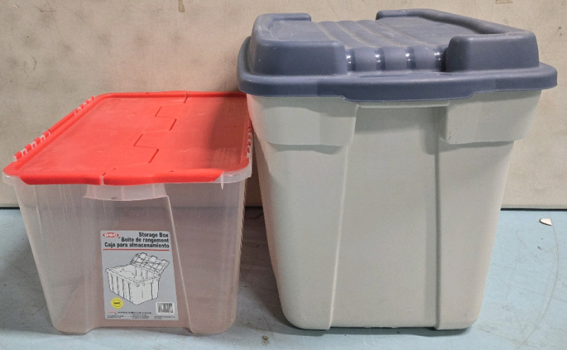 2 Storage Bins | ( 1 ) Rubbermaid Plastic Stacking Storage Container { Measures 18" x 24.5 x 20" } | ( 1 ) GSC Plastic Stacking Storage Container { Measures 22" x 15.5" x 12" }