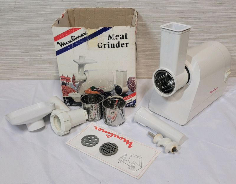 Moulinex Meat Grinder with Accessories & Manual in Box . Tested Powers Up , Not Tested Beyond Power Up