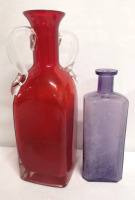 Vintage Glass Red Vase 9.5" Tall + Purple Bottle 6.75" Tall