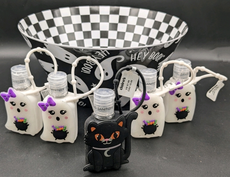 New Claire's Halloween "Hey Boo!" Yin-Yang Ghost Candy Bowl (10" Diameter x 4.5" Tall) & 6 New 30ml Hand Sanitizers w Halloween Covers