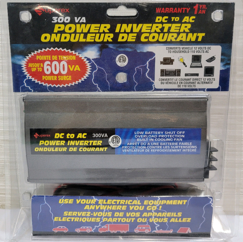 New - Superex 300va DC to AC Power Inverter . Converts Vehicle 12V DC to Household 110V AC